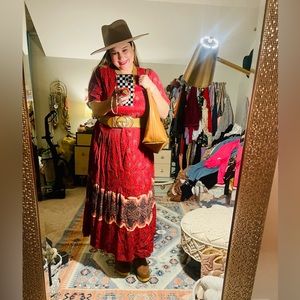 Vintage Red Patterned Boho Maxi Dress Phoebe Buffay with Tie at Waist Size L